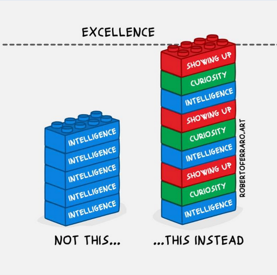 Several Legos with Intelligence stacked: "Not this"

Several Legos with varying Curiosity, Intelligence, and Showing Up: "This instead"
